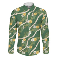 Hawaiian Pikake Maile Lei Family Matching Tank Maxi Dress and Hawaiian Shirt Tiare Hibiscus Kalo Palapalai Leaf Green LT19 Dad's Shirt - Long Sleeve Green - Polynesian Pride