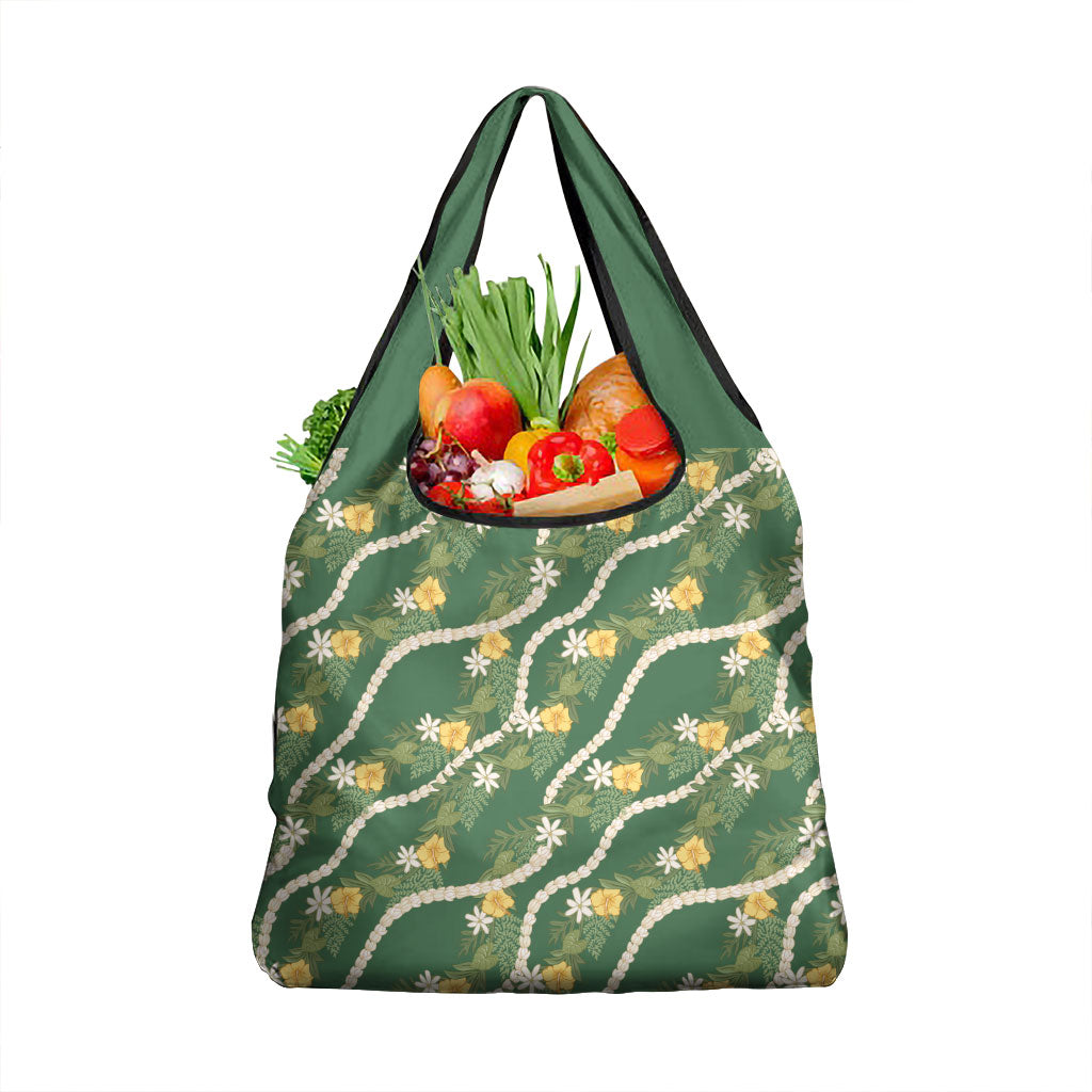 Hawaiian Pikake Maile Lei Grocery Bag Tiare Hibiscus Kalo Palapalai Leaf Green LT19 1-pack One Size Green - Polynesian Pride