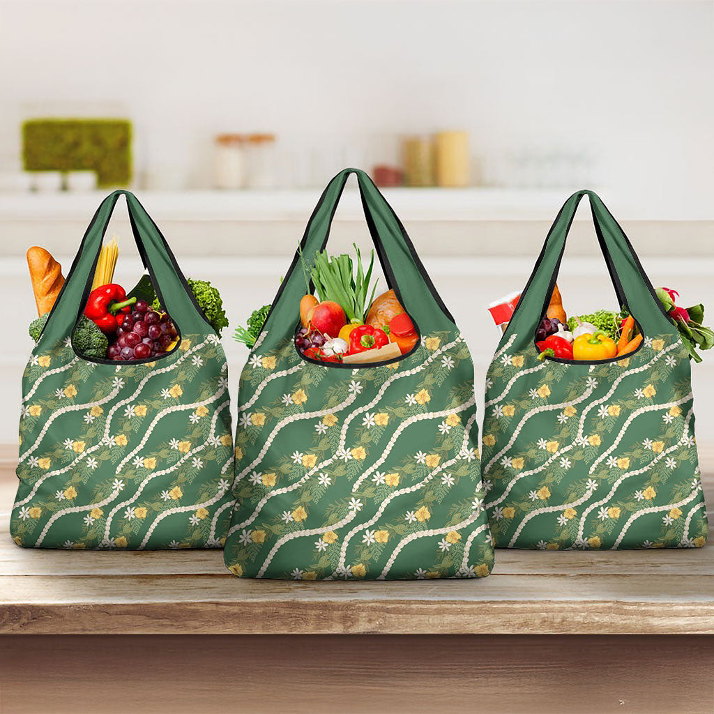 Hawaiian Pikake Maile Lei Grocery Bag Tiare Hibiscus Kalo Palapalai Leaf Green LT19 3-pack One Size Green - Polynesian Pride