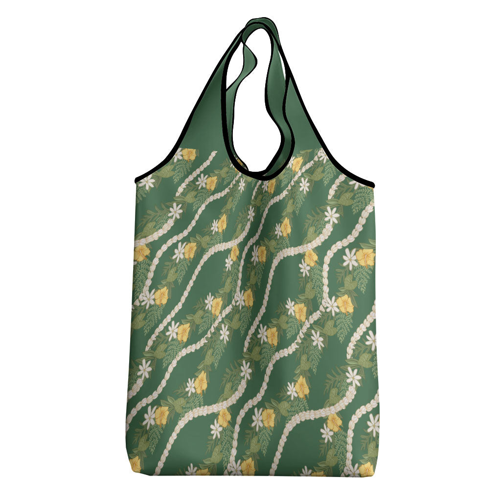 Hawaiian Pikake Maile Lei Grocery Bag Tiare Hibiscus Kalo Palapalai Leaf Green LT19 - Polynesian Pride