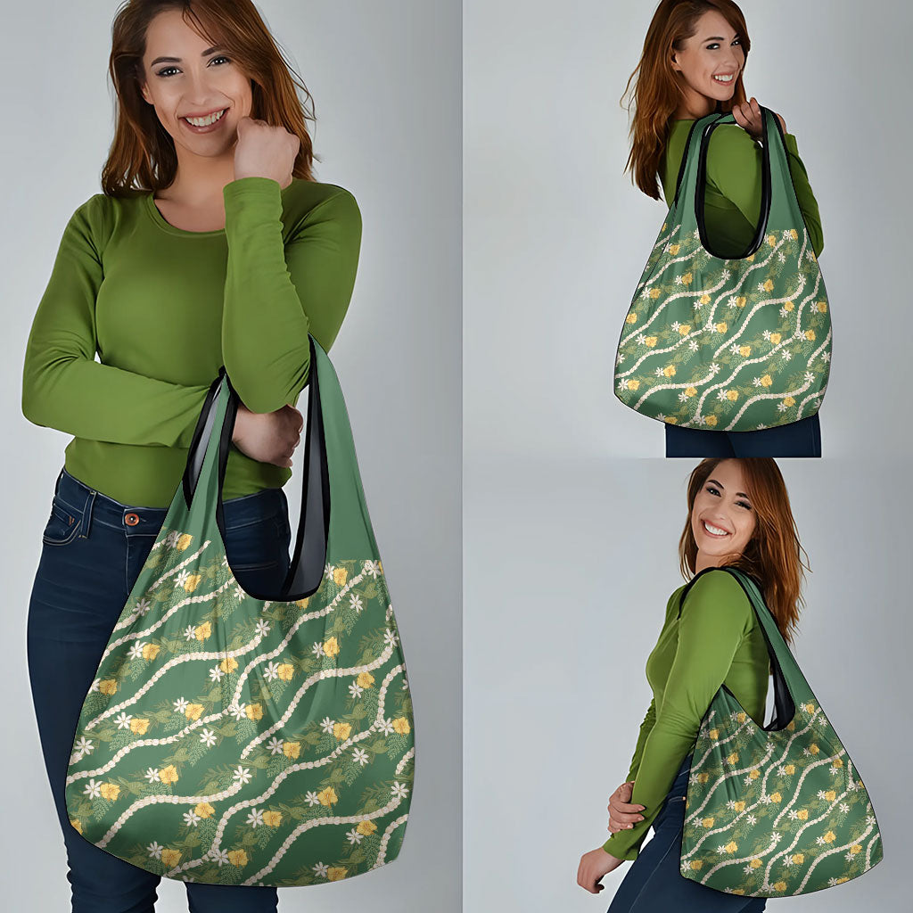 Hawaiian Pikake Maile Lei Grocery Bag Tiare Hibiscus Kalo Palapalai Leaf Green LT19 - Polynesian Pride