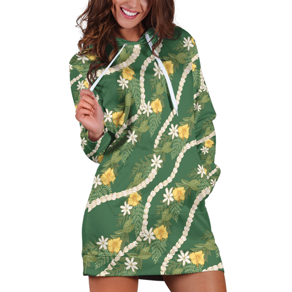 Hawaiian Pikake Maile Lei Hoodie Dress Tiare Hibiscus Kalo Palapalai Leaf Green