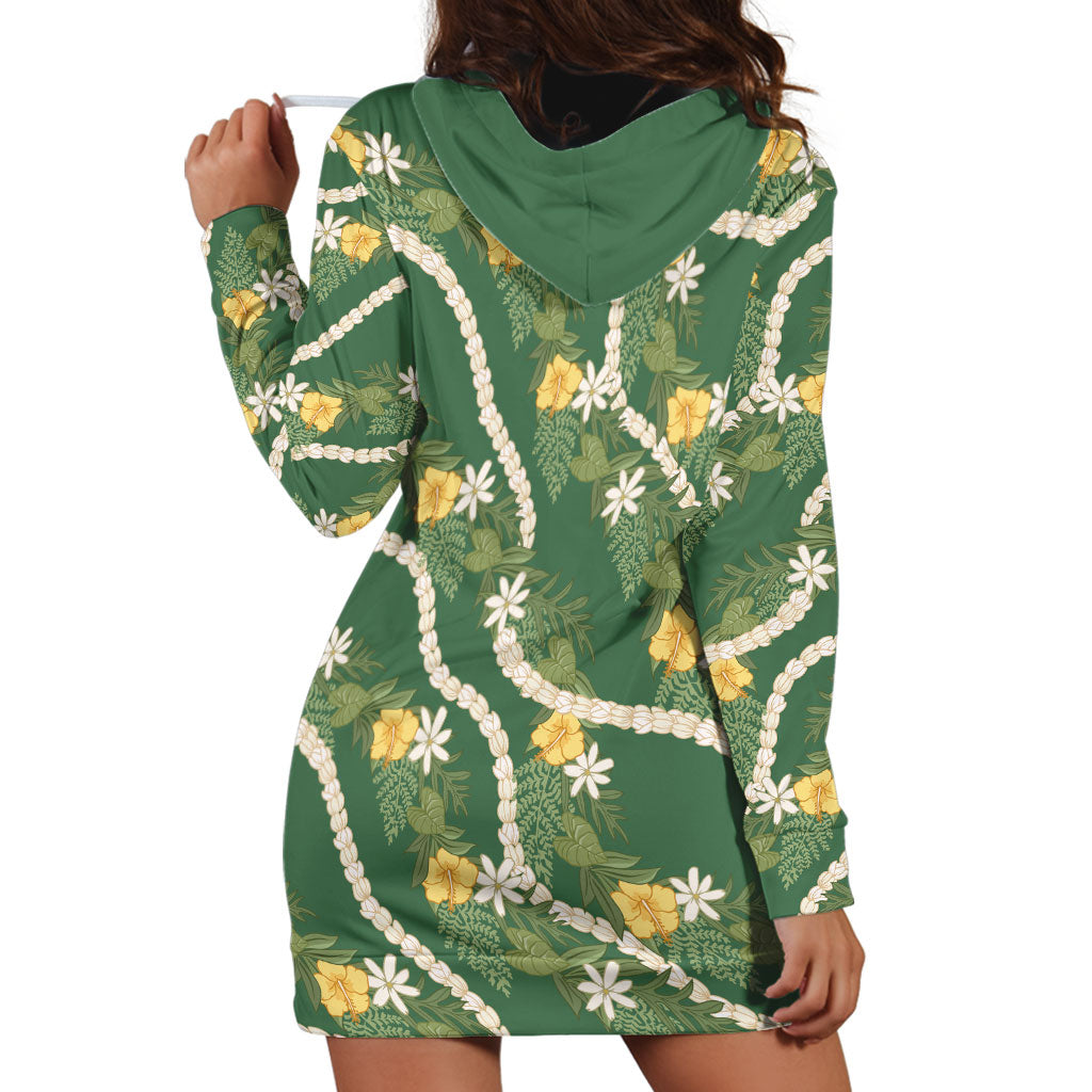 Hawaiian Pikake Maile Lei Hoodie Dress Tiare Hibiscus Kalo Palapalai Leaf Green
