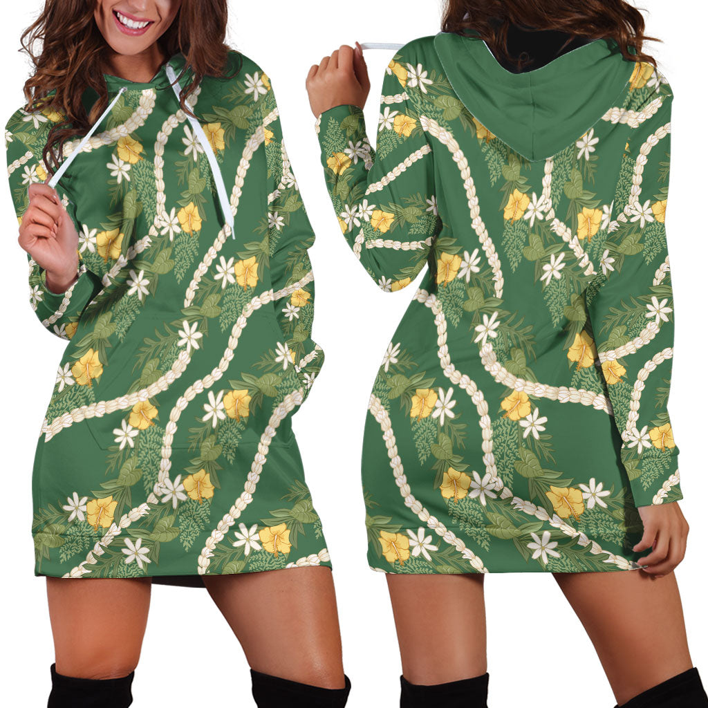 Hawaiian Pikake Maile Lei Hoodie Dress Tiare Hibiscus Kalo Palapalai Leaf Green