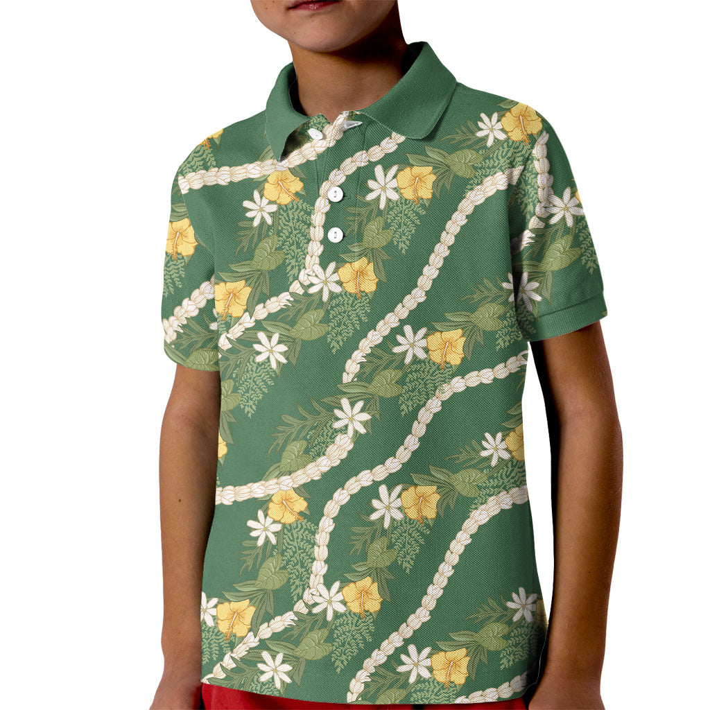Hawaiian Pikake Maile Lei Kid Polo Shirt Tiare Hibiscus Kalo Palapalai Leaf Green