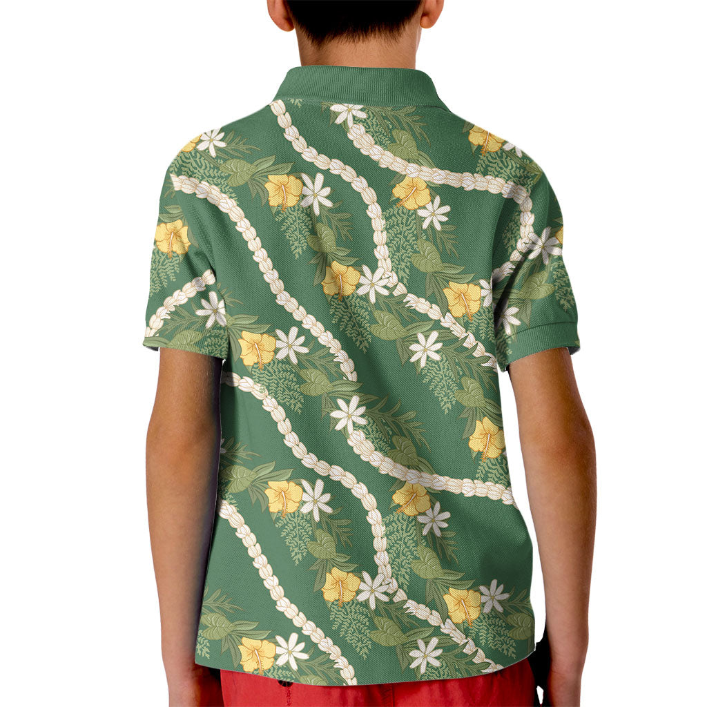 Hawaiian Pikake Maile Lei Kid Polo Shirt Tiare Hibiscus Kalo Palapalai Leaf Green