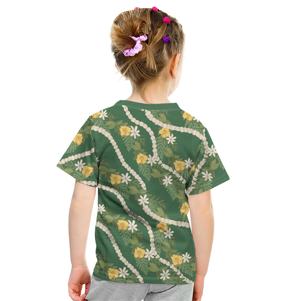 Hawaiian Pikake Maile Lei Kid T Shirt Tiare Hibiscus Kalo Palapalai Leaf Green LT19 - Polynesian Pride