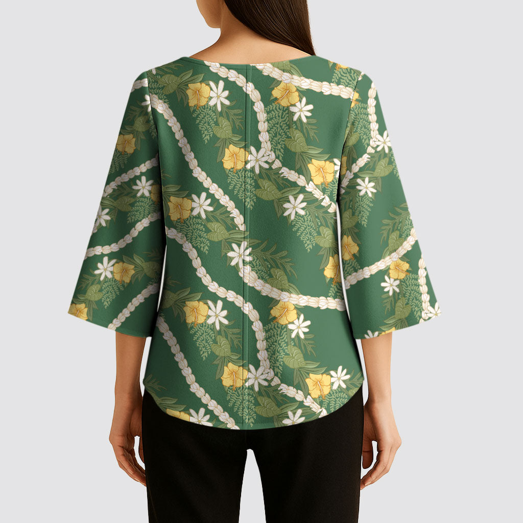 Hawaiian Pikake Maile Lei Kimono Sleeve Blouse Tiare Hibiscus Kalo Palapalai Leaf Green