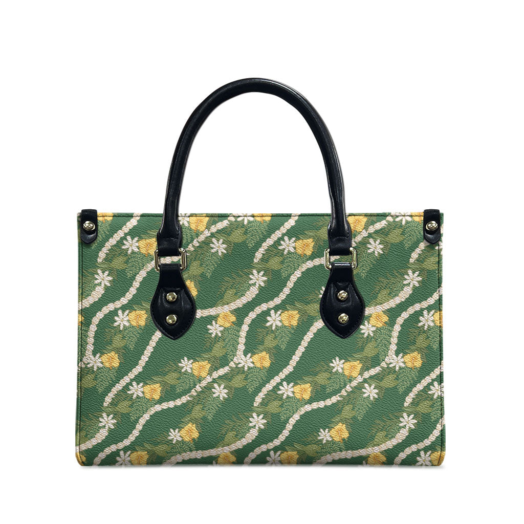 Hawaiian Pikake Maile Lei Leather Bag Tiare Hibiscus Kalo Palapalai Leaf Green LT19 - Polynesian Pride