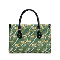Hawaiian Pikake Maile Lei Leather Bag Tiare Hibiscus Kalo Palapalai Leaf Green LT19 - Polynesian Pride