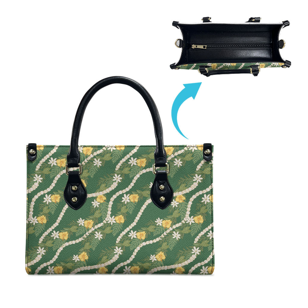Hawaiian Pikake Maile Lei Leather Bag Tiare Hibiscus Kalo Palapalai Leaf Green LT19 - Polynesian Pride