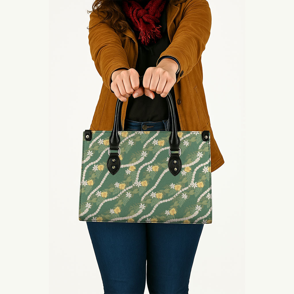 Hawaiian Pikake Maile Lei Leather Bag Tiare Hibiscus Kalo Palapalai Leaf Green LT19 - Polynesian Pride