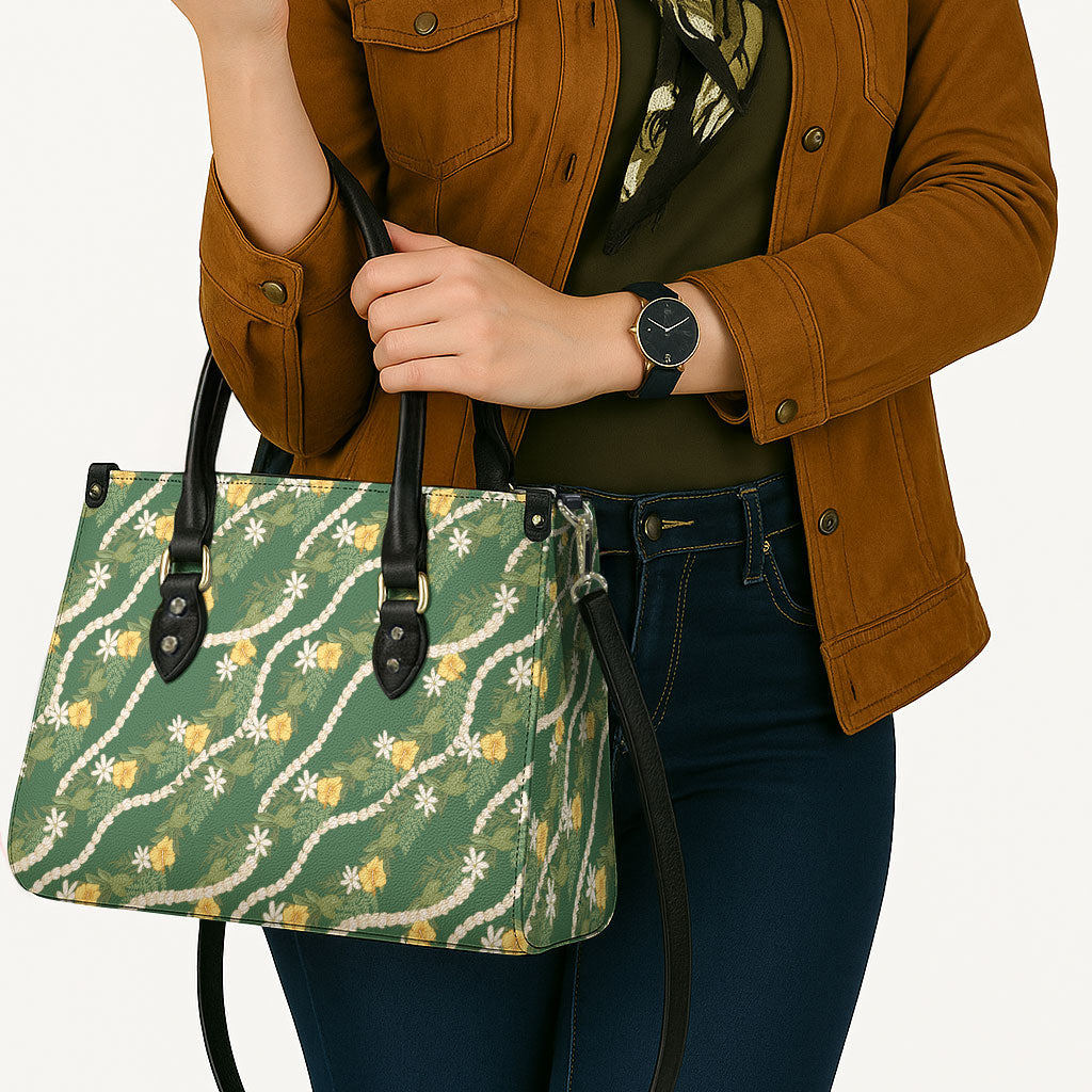 Hawaiian Pikake Maile Lei Leather Bag Tiare Hibiscus Kalo Palapalai Leaf Green LT19 - Polynesian Pride