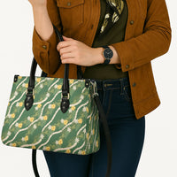 Hawaiian Pikake Maile Lei Leather Bag Tiare Hibiscus Kalo Palapalai Leaf Green LT19 - Polynesian Pride