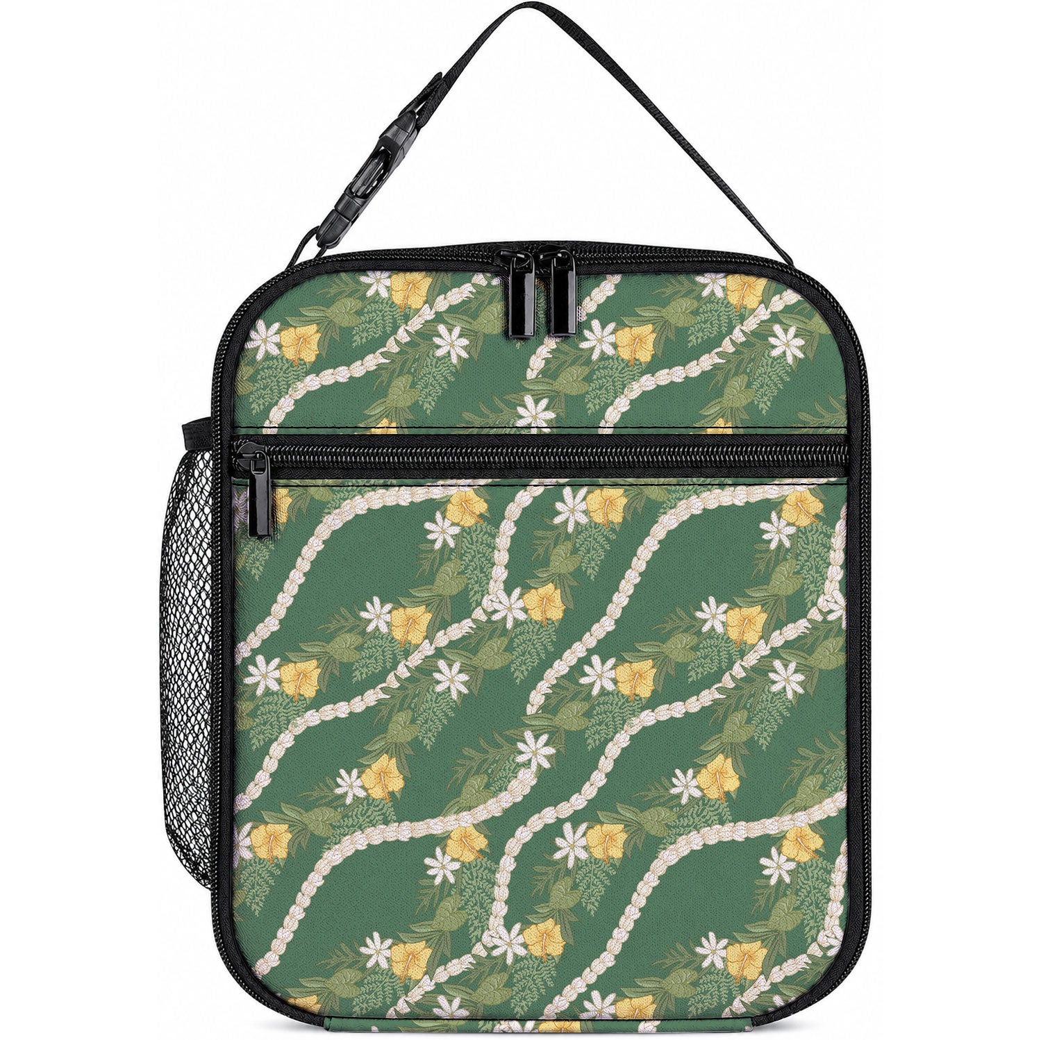 Hawaiian Pikake Maile Lei Lunch Bag Tiare Hibiscus Kalo Palapalai Leaf Green LT19 10.2 × 8.3 × 4.3 inch Green - Polynesian Pride