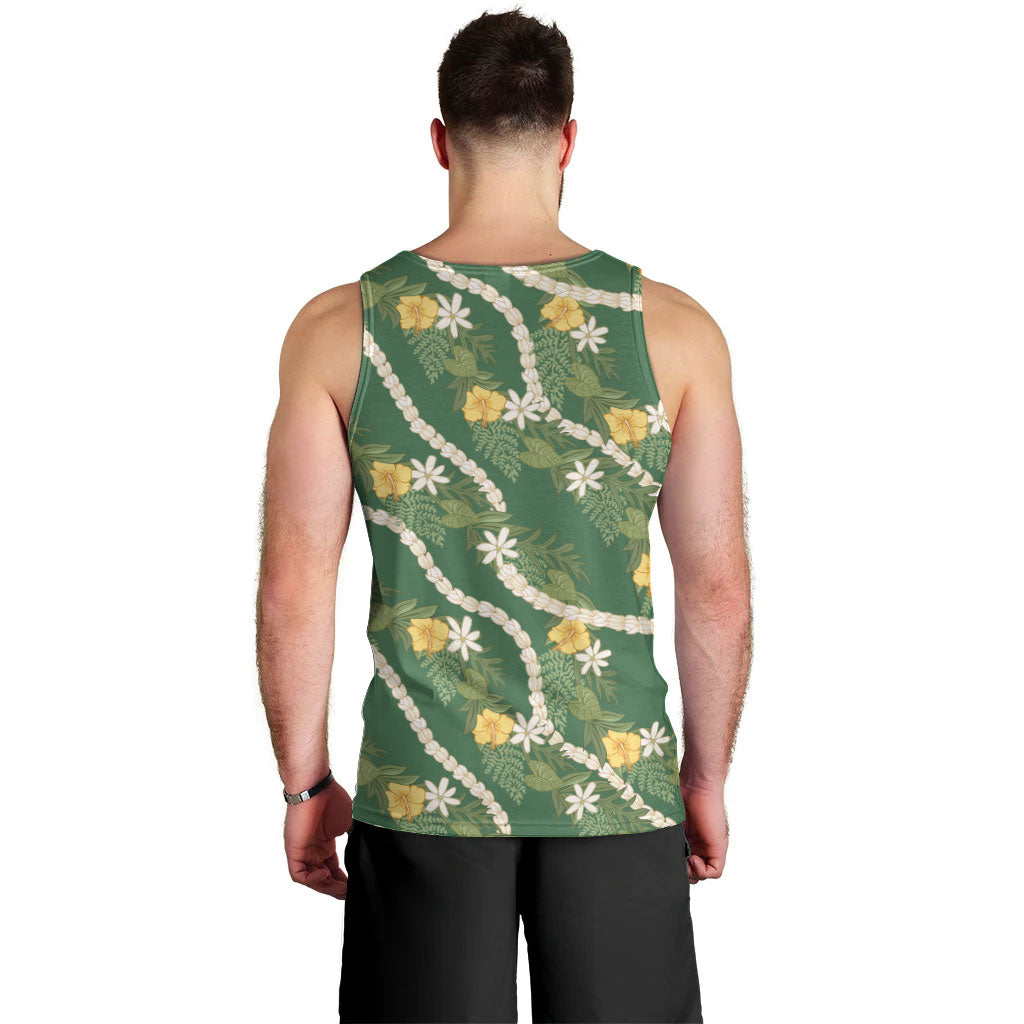 Hawaiian Pikake Maile Lei Men Tank Top Tiare Hibiscus Kalo Palapalai Leaf Green