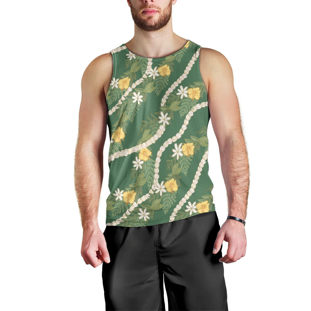Hawaiian Pikake Maile Lei Men Tank Top Tiare Hibiscus Kalo Palapalai Leaf Green