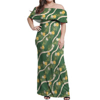 Hawaiian Pikake Maile Lei Off Shoulder Maxi Dress Tiare Hibiscus Kalo Palapalai Leaf Green LT19 Women Green - Polynesian Pride