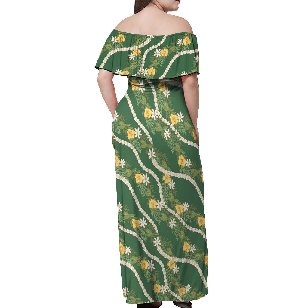 Hawaiian Pikake Maile Lei Off Shoulder Maxi Dress Tiare Hibiscus Kalo Palapalai Leaf Green LT19 - Polynesian Pride