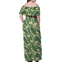 Hawaiian Pikake Maile Lei Off Shoulder Maxi Dress Tiare Hibiscus Kalo Palapalai Leaf Green LT19 - Polynesian Pride