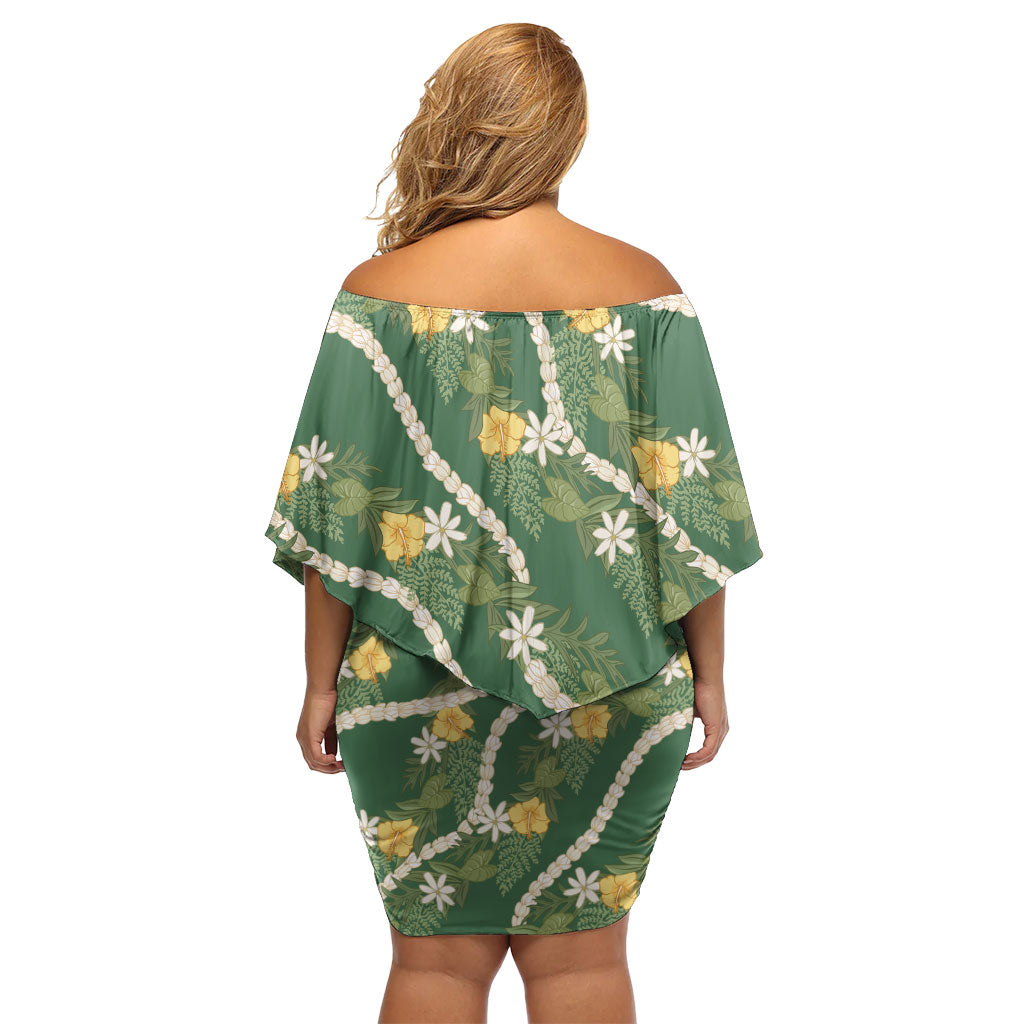 Hawaiian Pikake Maile Lei Off Shoulder Short Dress Tiare Hibiscus Kalo Palapalai Leaf Green LT19 - Polynesian Pride