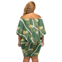 Hawaiian Pikake Maile Lei Off Shoulder Short Dress Tiare Hibiscus Kalo Palapalai Leaf Green LT19 - Polynesian Pride