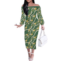 Hawaiian Pikake Maile Lei Off The Shoulder Long Sleeve Dress Tiare Hibiscus Kalo Palapalai Leaf Green