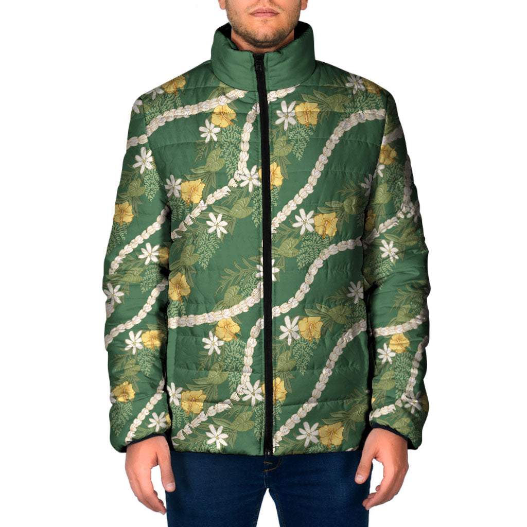 Hawaiian Pikake Maile Lei Padded Jacket Tiare Hibiscus Kalo Palapalai Leaf Green