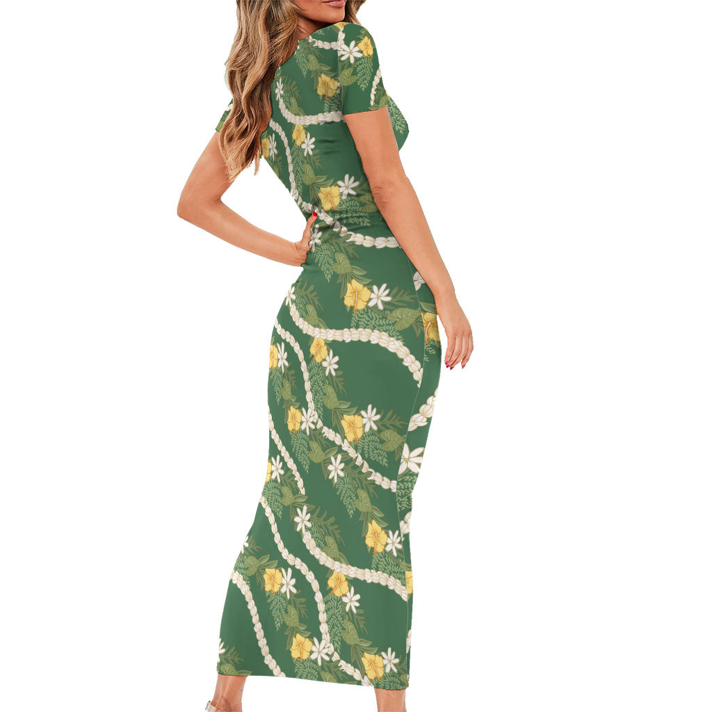 Hawaiian Pikake Maile Lei Short Sleeve Bodycon Dress Tiare Hibiscus Kalo Palapalai Leaf Green