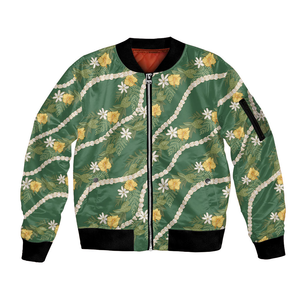 Hawaiian Pikake Maile Lei Sleeve Zip Bomber Jacket Tiare Hibiscus Kalo Palapalai Leaf Green