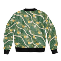 Hawaiian Pikake Maile Lei Sleeve Zip Bomber Jacket Tiare Hibiscus Kalo Palapalai Leaf Green