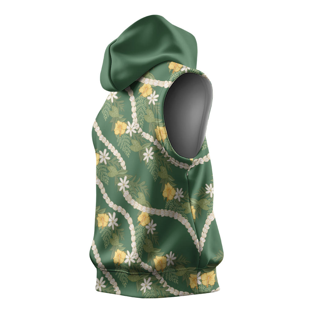 Hawaiian Pikake Maile Lei Sleeveless Hoodie Tiare Hibiscus Kalo Palapalai Leaf Green