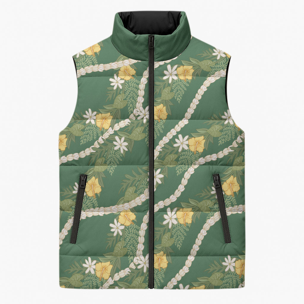 Hawaiian Pikake Maile Lei Sleeveless Puffer Jacket Tiare Hibiscus Kalo Palapalai Leaf Green