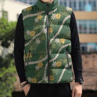 Hawaiian Pikake Maile Lei Sleeveless Puffer Jacket Tiare Hibiscus Kalo Palapalai Leaf Green