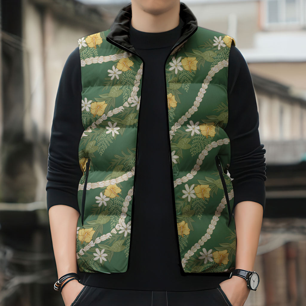 Hawaiian Pikake Maile Lei Sleeveless Puffer Jacket Tiare Hibiscus Kalo Palapalai Leaf Green