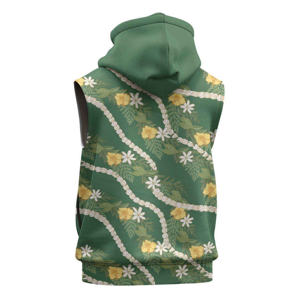 Hawaiian Pikake Maile Lei Sleeveless Zip Hoodie Tiare Hibiscus Kalo Palapalai Leaf Green