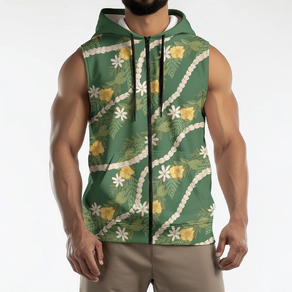 Hawaiian Pikake Maile Lei Sleeveless Zip Hoodie Tiare Hibiscus Kalo Palapalai Leaf Green