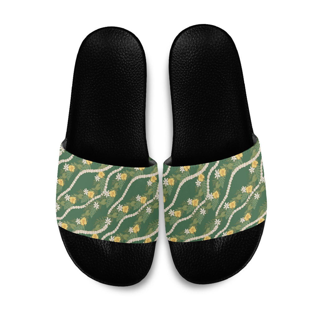 Hawaiian Pikake Maile Lei Slide Sandals Tiare Hibiscus Kalo Palapalai Leaf Green