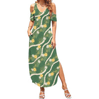 Hawaiian Pikake Maile Lei Summer Maxi Dress Tiare Hibiscus Kalo Palapalai Leaf Green LT19 Women Green - Polynesian Pride