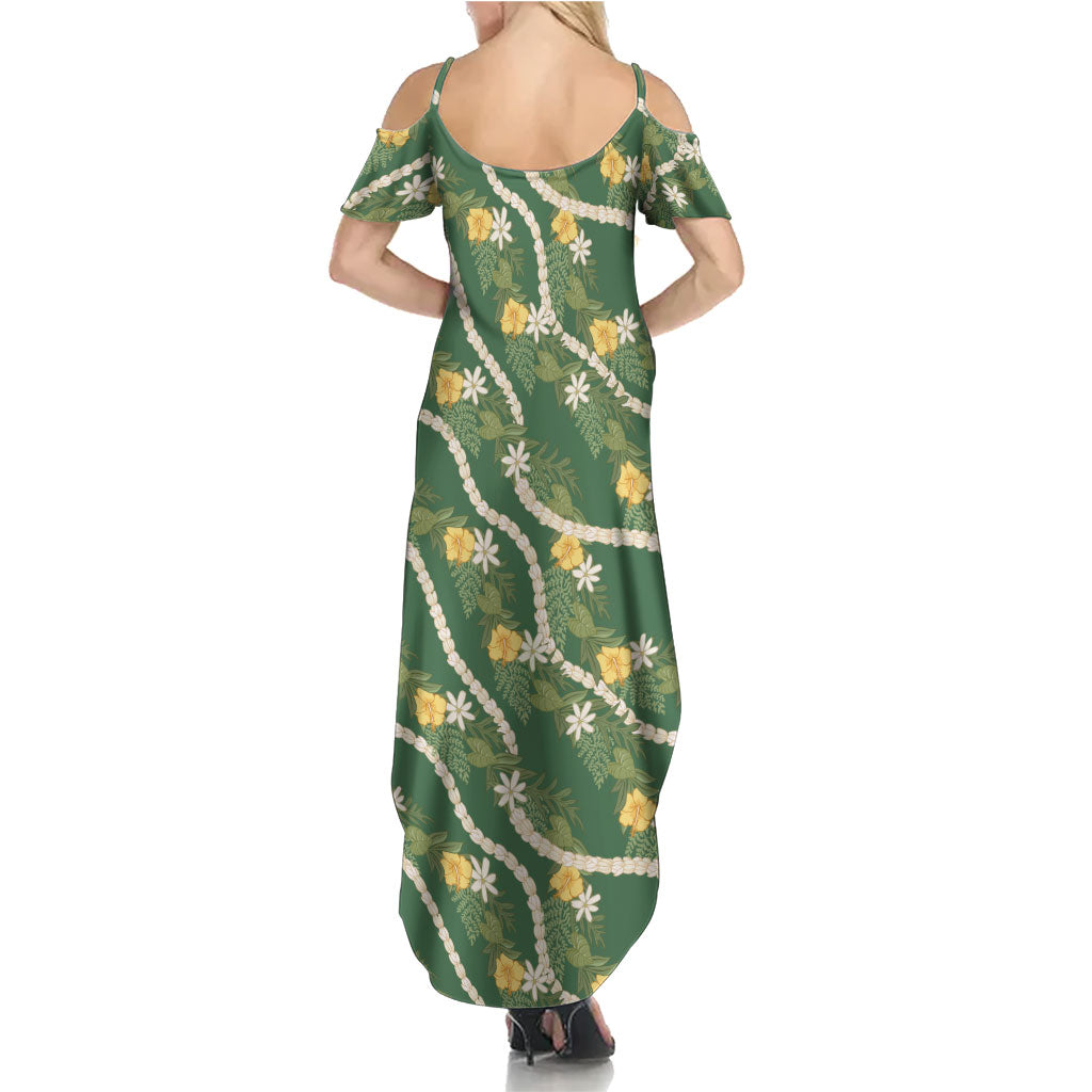 Hawaiian Pikake Maile Lei Summer Maxi Dress Tiare Hibiscus Kalo Palapalai Leaf Green LT19 - Polynesian Pride