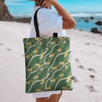Hawaiian Pikake Maile Lei Tote Bag Tiare Hibiscus Kalo Palapalai Leaf Green