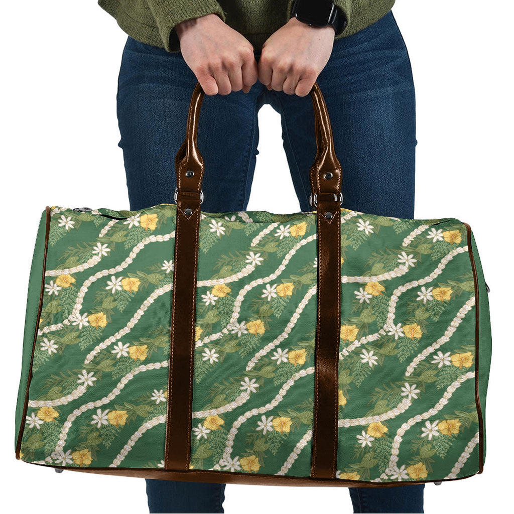 Hawaiian Pikake Maile Lei Travel Bag Tiare Hibiscus Kalo Palapalai Leaf Green