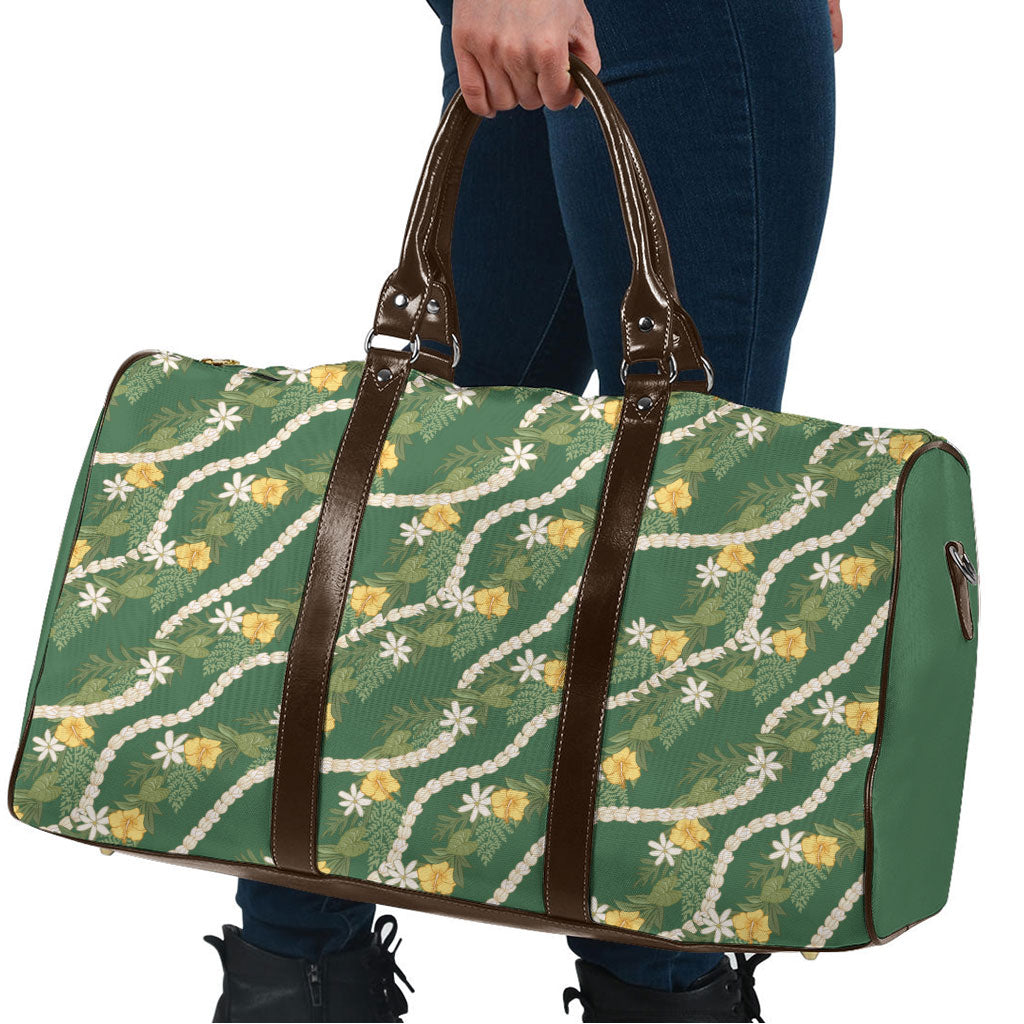Hawaiian Pikake Maile Lei Travel Bag Tiare Hibiscus Kalo Palapalai Leaf Green