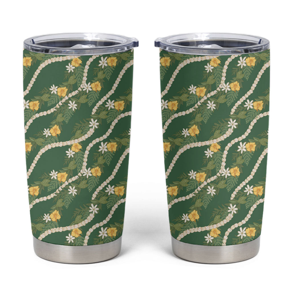 Hawaiian Pikake Maile Lei Tumbler Cup Tiare Hibiscus Kalo Palapalai Leaf Green LT19 Green - Polynesian Pride