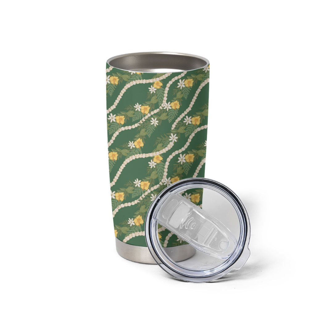 Hawaiian Pikake Maile Lei Tumbler Cup Tiare Hibiscus Kalo Palapalai Leaf Green LT19 - Polynesian Pride