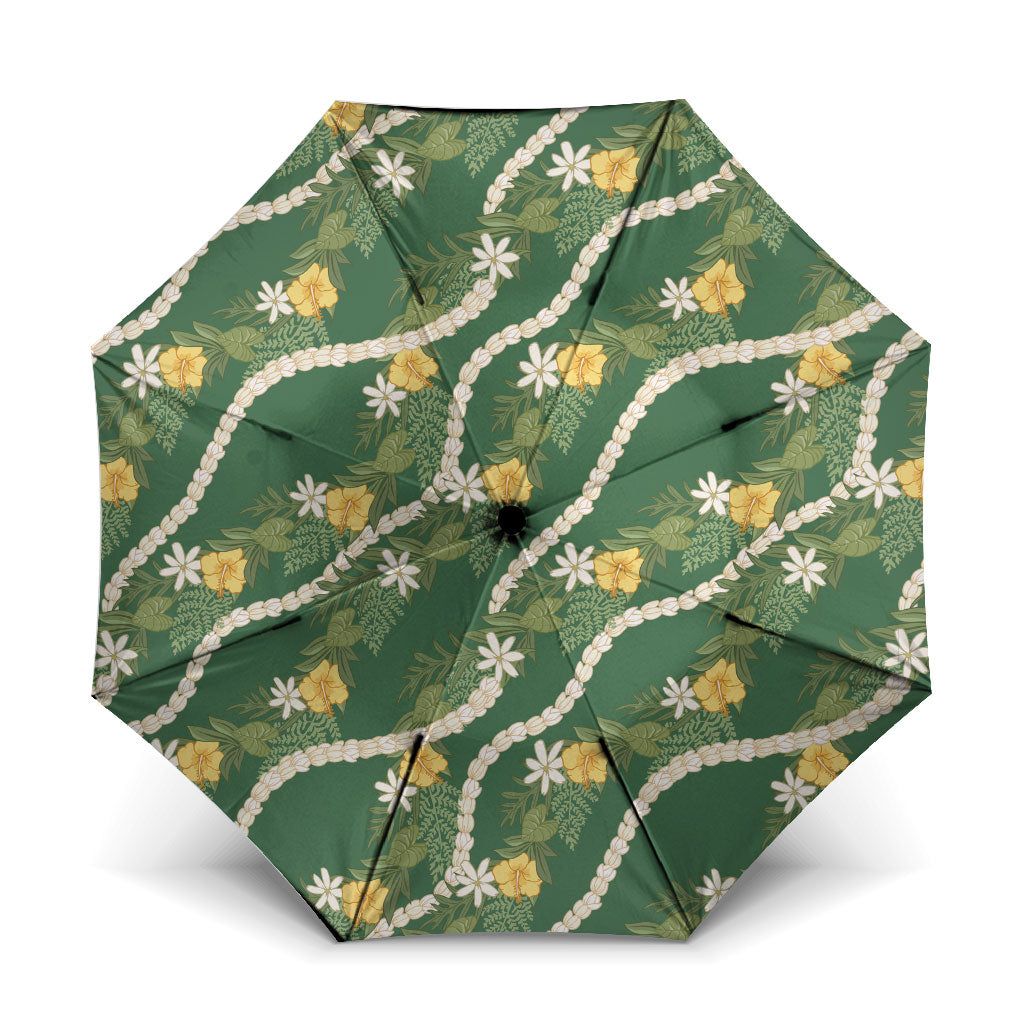Hawaiian Pikake Maile Lei Umbrella Tiare Hibiscus Kalo Palapalai Leaf Green LT19 One Size Folded 11.42 inch Opened Diameter 37.4 inch Green - Polynesian Pride