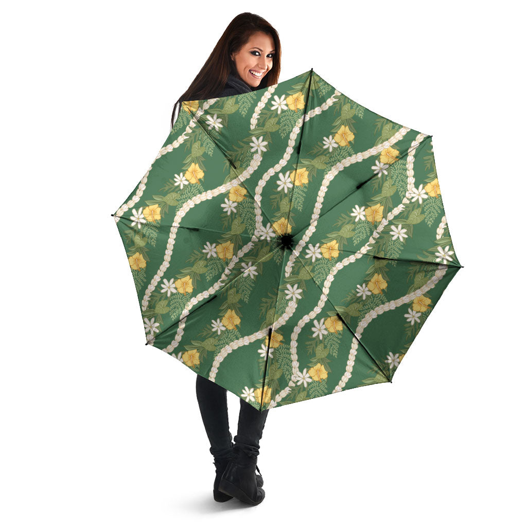 Hawaiian Pikake Maile Lei Umbrella Tiare Hibiscus Kalo Palapalai Leaf Green LT19 - Polynesian Pride