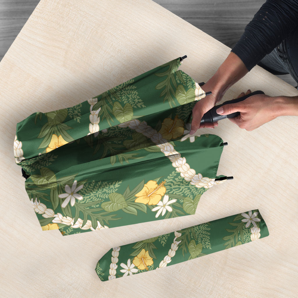 Hawaiian Pikake Maile Lei Umbrella Tiare Hibiscus Kalo Palapalai Leaf Green LT19 - Polynesian Pride