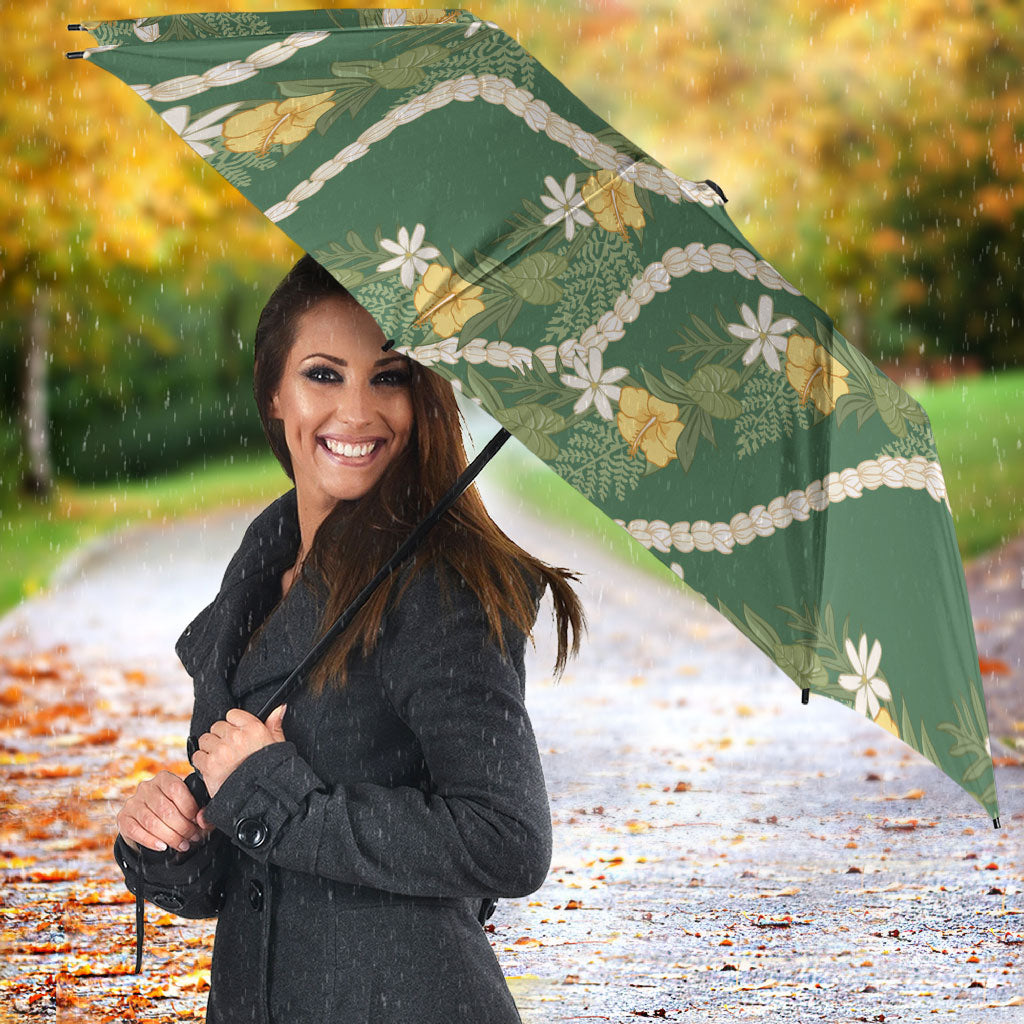 Hawaiian Pikake Maile Lei Umbrella Tiare Hibiscus Kalo Palapalai Leaf Green LT19 - Polynesian Pride