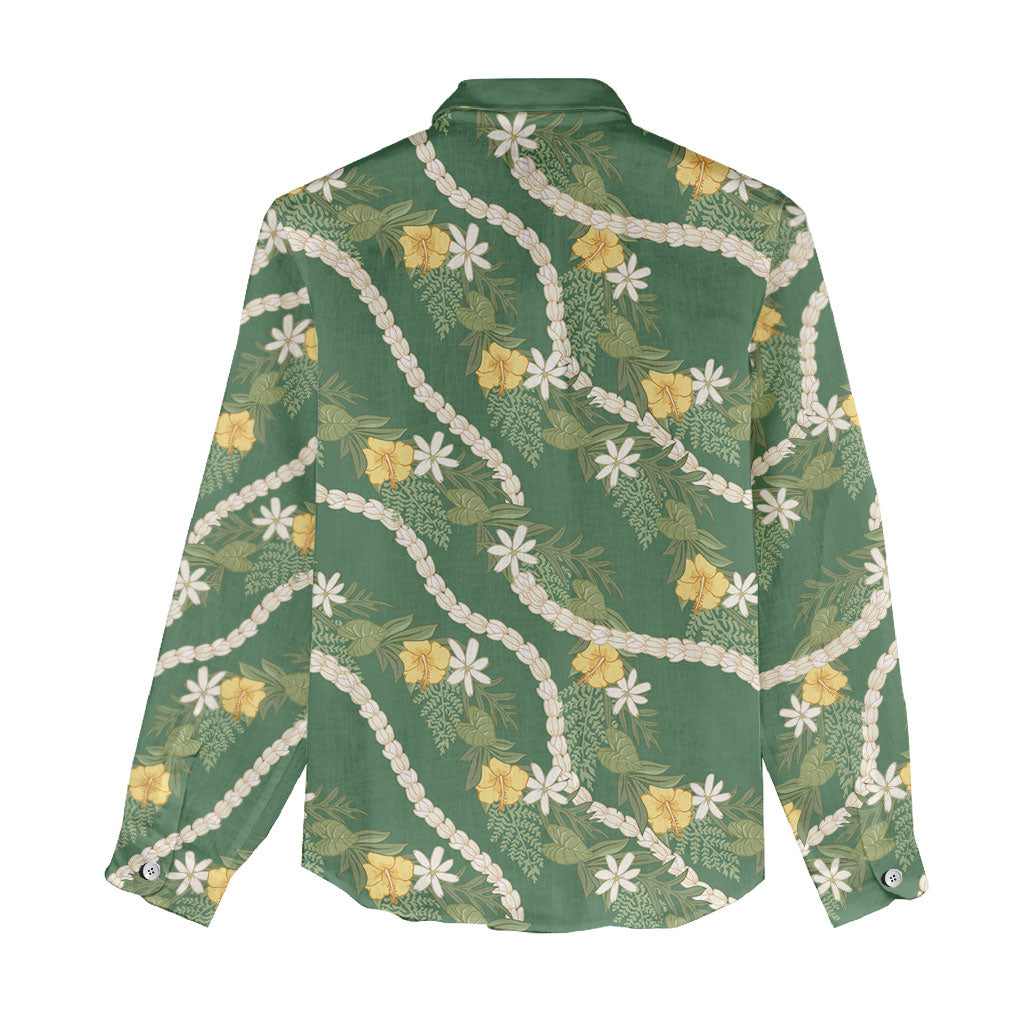 Hawaiian Pikake Maile Lei Women Casual Shirt Tiare Hibiscus Kalo Palapalai Leaf Green